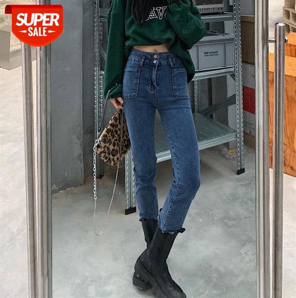 

korean style high waist slim double-breasted stretch frayed small straight cropped trousers #pq42, Black;gray