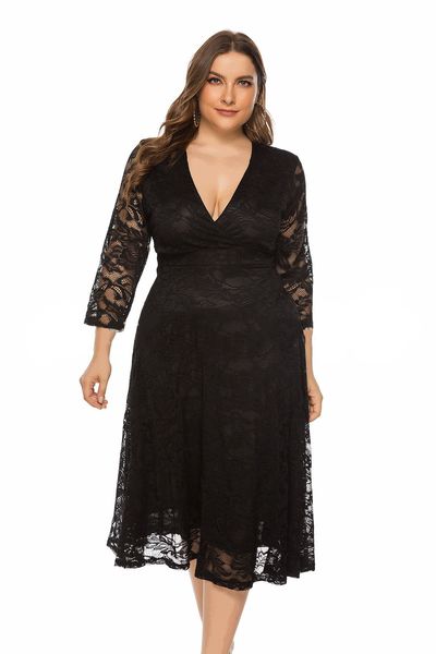 

New Autumn Dress Women's Long Sleeve Deep V-neck Lace Hollow Shorts XL, Black;gray