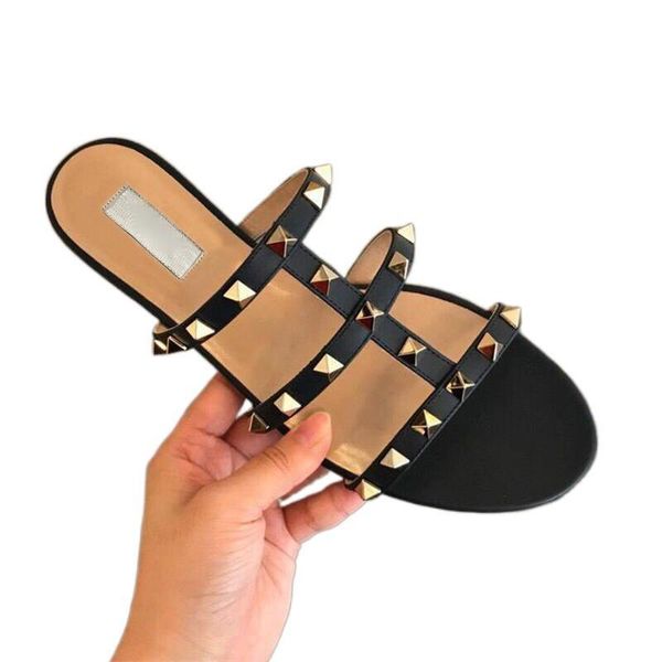

slippers 2021 fashion women sandals flat jelly shoes bow v flip flops stud beach summer rivets nude dust bag, Black