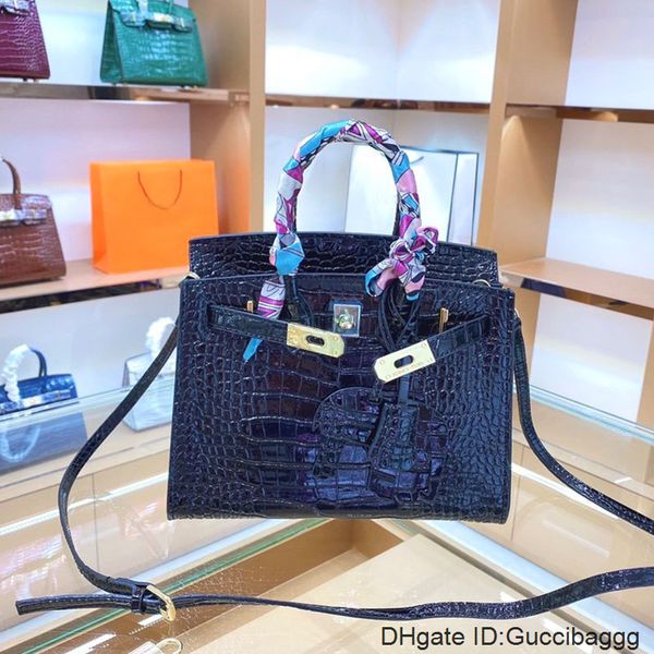 

crossbody handbag lady shoulder purse women genuine leather hand bag platinum alligator pattern bag pony and scarf