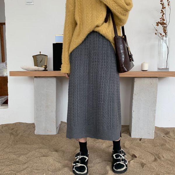 

casual twisted waist slim slender knitted stylish vintage sweet winter brief elastic split skirts 210421, Black