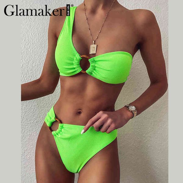 

glamaker neon green one shoulder bikini black women swimwear beachwear push up high cut swimsuit female bathing set bathers 210414, White;black