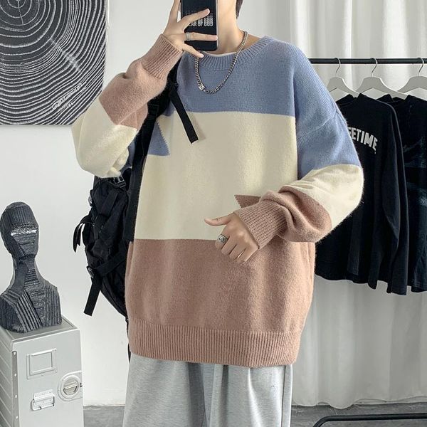 

men's sweaters hong kong style color-blocking sweater autumn couple knit loose korean version trend round neck pullover, White;black