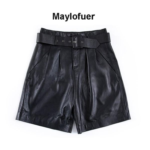

women's shorts 2021 real leather women all-match sashes wide leg short ladies with belt spring summer, White;black