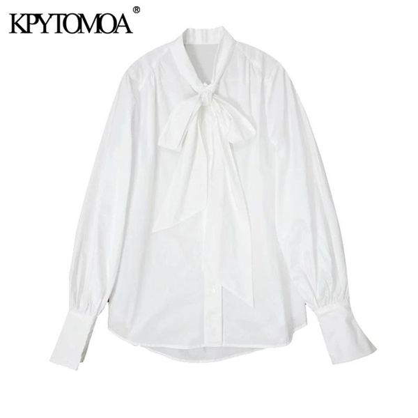 

women fashion with bow tied loose blouses vintage lantern sleeve button-up female shirts blusas chic 210416, White