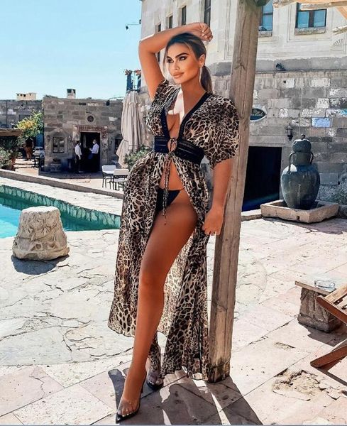 Swimwear femminile xxl pizzo bikini coprire lungo maxi abito da donna cover-up leopard stampato in chiffon costume da bagno vestido