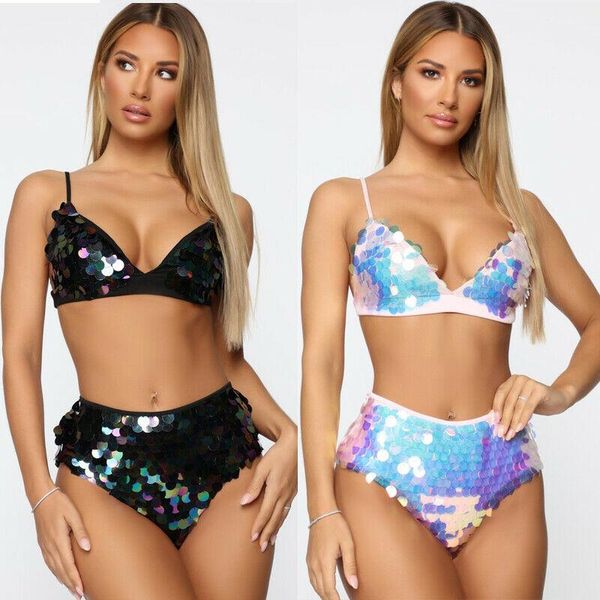 

one-piece suits bandage sequin halter 2pcs women summer bikini sets push-up padded high waist swimwear swimsuit bathing suit