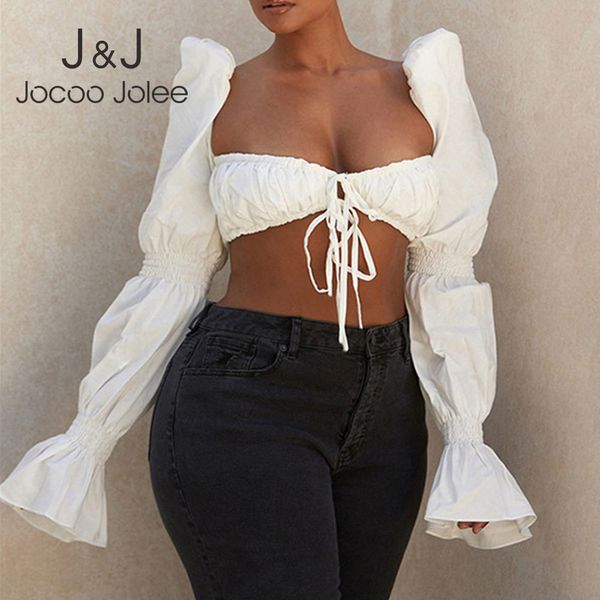 Joloo jolee elegante camisa sexy sem encosto shirred branco colheita as mulheres flare manga longa gravata front blusa feminina casual blusas 210518