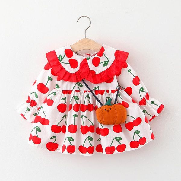 

girl's dresses baby girl dress cherry print cute long sleeve toddler fall + pumpkin bag infant outfits clothes whole sale, Red;yellow