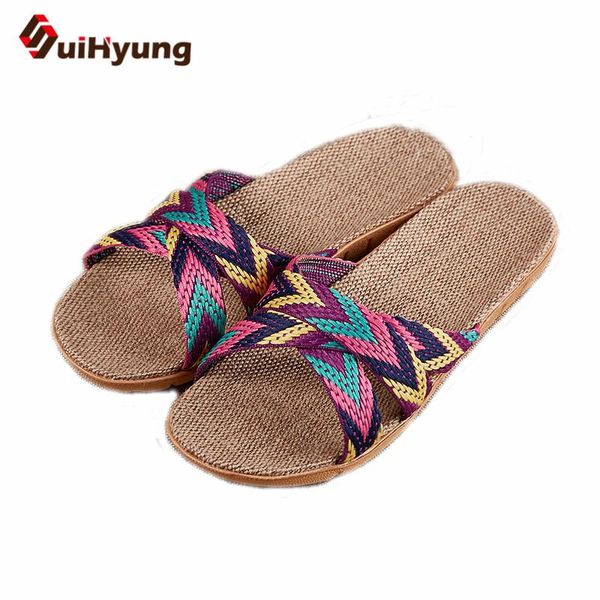 

slippers suihyung women summer flax flats colored cross belt casual home flip flops female indoor shoes woman sandals, Black