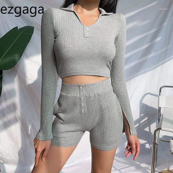 

women's tracksuits ezgaga casual autumn two pieces set women tracksuit solid turn-down collar long sleeve t shirt and shorts outfits ma, Gray