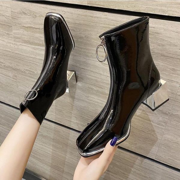 

boots ankle women shoes woman fashion high-heeled short pu square toe 2021 autumn style d580, Black