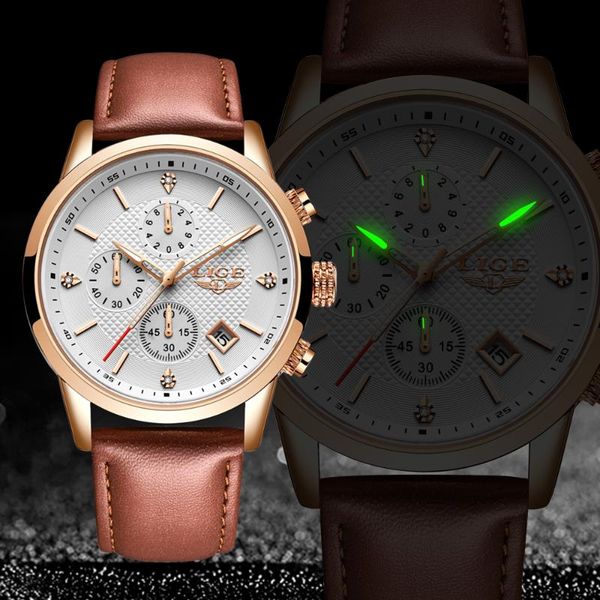 

wristwatches lige 2021 watch men fashion sport quartz clock mens watches leather business waterproof relogio masculino, Slivery;brown