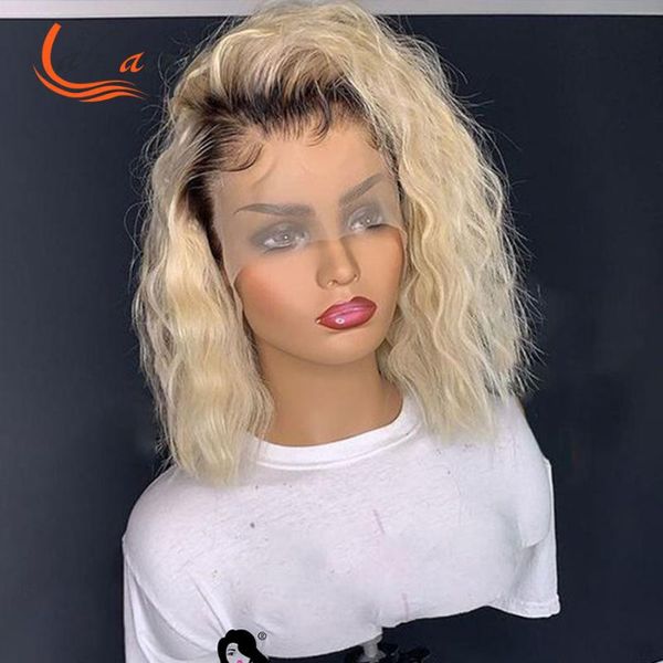 

lace wigs 1b 613 kinky curly hd transaprent frontal human hair deep wave pre plucked full ombre blonde colored pixie bob 13x6, Black;brown