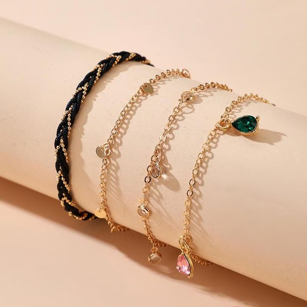 

anklets vintage antique gold color anklet women 4 layers black rope crystal bracelet charm bohemian ankle boho foot jewelry, Red;blue