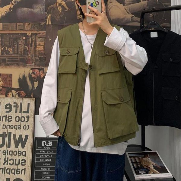 

men's vests autumn thin multi pocket tooling vest fashion brand loose student sleeveless jacket, Black;white