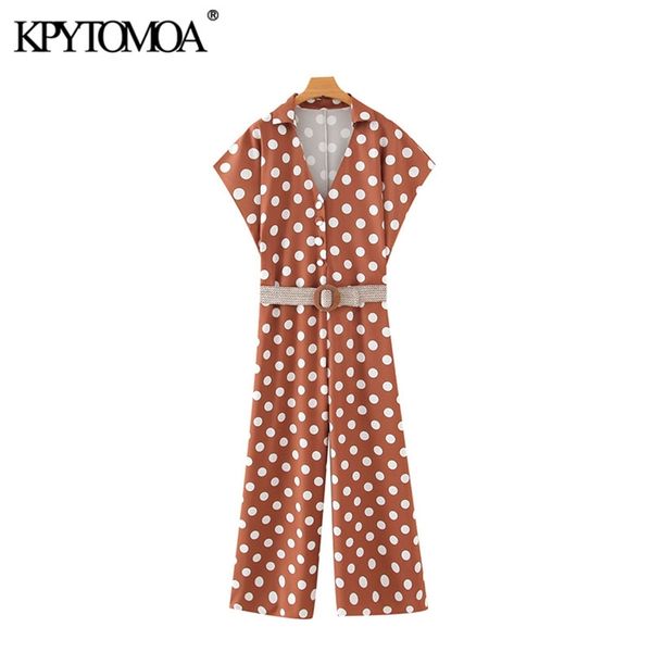 

women chic fashion polka dot with belt jumpsuits v neck short sleeve female playsuits casual rompers femme 210420, Black;white