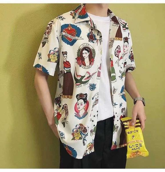 

hawaiian shirts for men japanese geisha funny printed white pink korean casual vacation shirt 210721, White;black