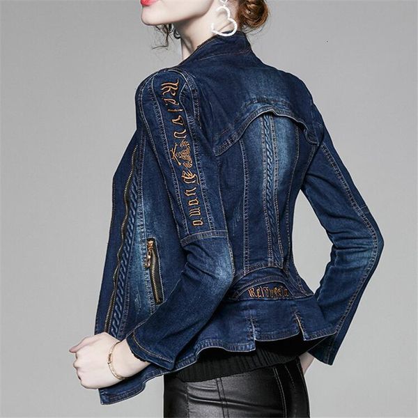 

women's jackets jean jacket spring fall zipper casual embroidered letter denim short female plus size s-4xl a65v, Black;brown