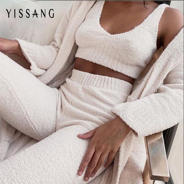 

women's tracksuits yissang plush knitting sweater two piece set women strap and pant suit 2021 autumn matching sets winter casual o, Gray