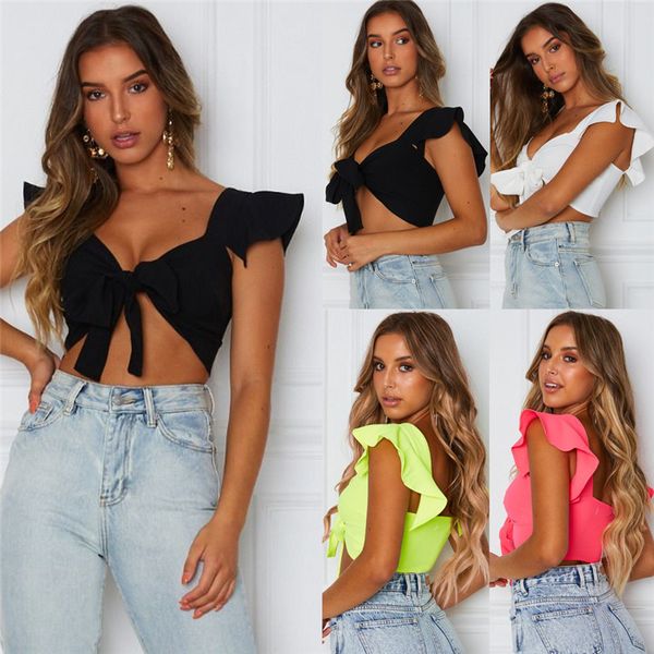 2020 Novas Mulheres Verão Mulheres Short Ruffles Sleeve Crop Tops Front Knot Lares Ladies Casual Plain Colheita Tops Streetwear Curto tops com arco X0507