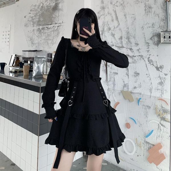 

casual dresses girls oversized gothic female plus size vestidos teenagers a-line streetwear dress square collar clothes for women xxut, Black;gray
