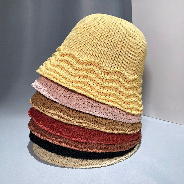 

wide brim hats 7 colors solid knitted bucket hat women sun protection caps all match beach straw foldable travel fashion bonnet 56-58cm, Blue;gray