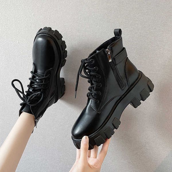 

short boots women's thick bottom side zipper handsome motorcycle net red martin fashion leather single lining cotton, Black