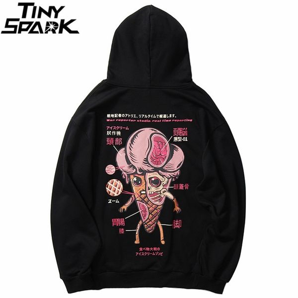 Осенний хип-хоп Hoodie Streetwear забавный череп мороженого анатомии мужская густовка Harajuku черная свободная пуловер хлопок 210813