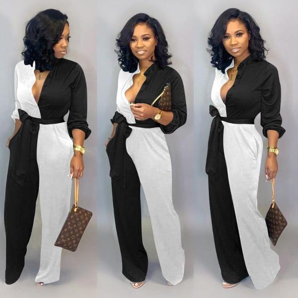 

women's jumpsuits & rompers ahvit contrast color patchwork sashes women long sleeve turn down collar single breasted fashion romper me-, Black;white