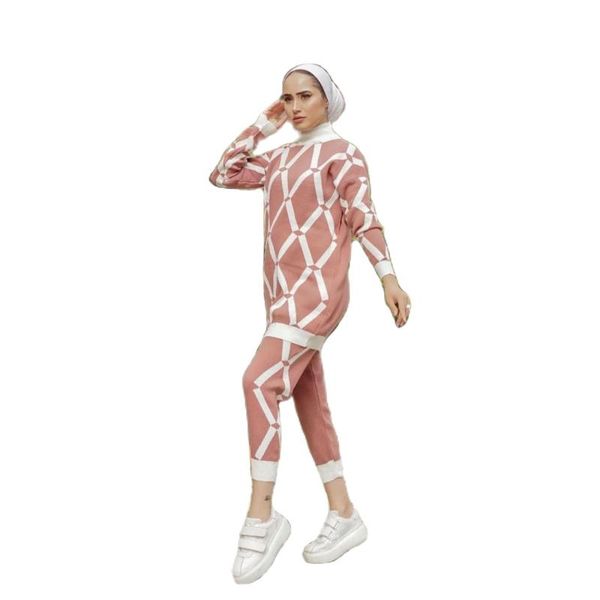 

ethnic clothing 2 piece women's knitted sports set geometric patterned long sleeve sweater and comfortable pant sportive knitwear turke, Red