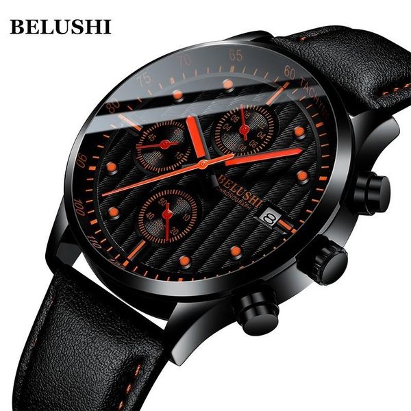 

wristwatches men's watch quartz calendar red hands chronograph sports casual leather waterproof clock three eye dial, Slivery;brown