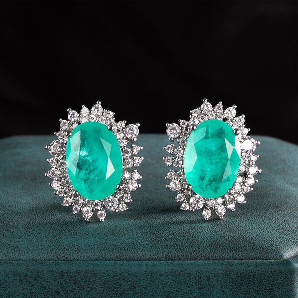 

stud joycejelly delicate silver 925 jewelry oval paraiba emerald earrings for women 10*14mm tourmaline luxury anniversary gift, Golden;silver