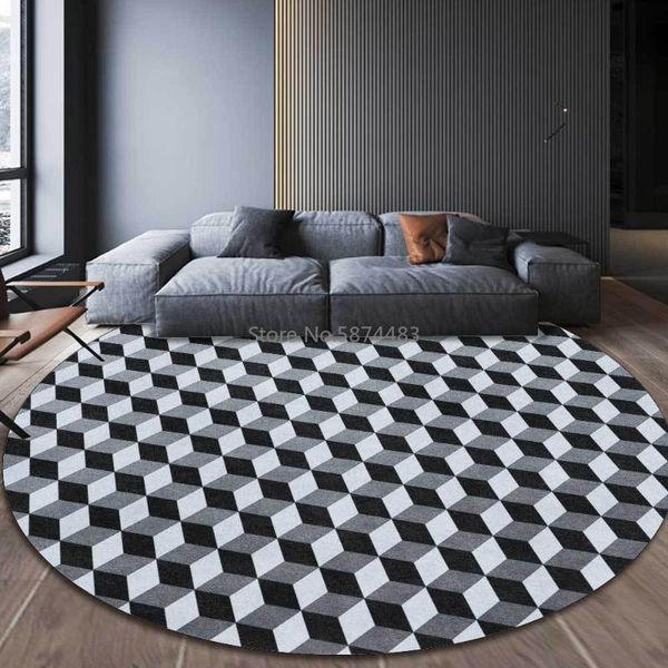 

modern 3d solid geometry black and white gray small lattice square living room bedroom hanging basket chair round floor mat carpets