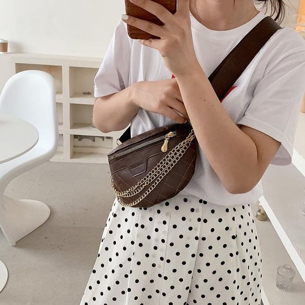 

waist bags chain small fanny pack for women 2021 wide single strap zipper half moon pu leather chest bag phone purses ladies