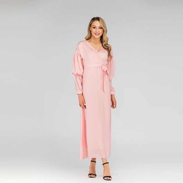 

casual dresses middle eastern muslim fashion women v-neck pile sleeve slim dress, Black;gray