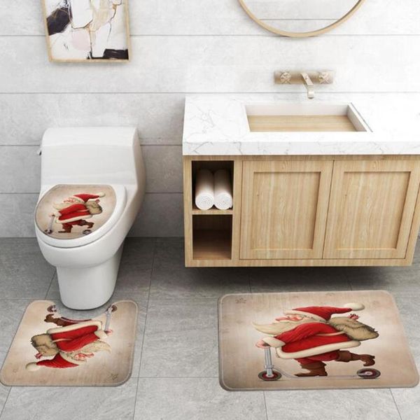 

bath mats 3 pcs bathroom rug set rug, contour mat & lid cover flannel christmas santa claus print decorative floor