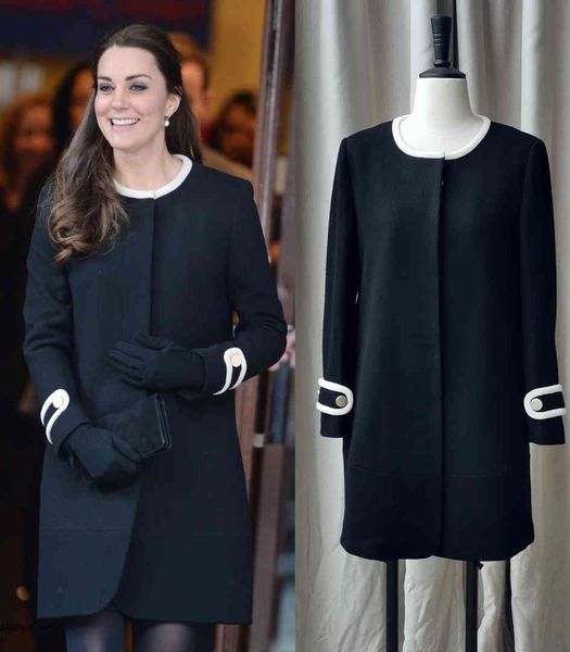 

same [] color the contrast loose silhouette cashmere coat for the new lady kate of england in the spring of 2021, White;black