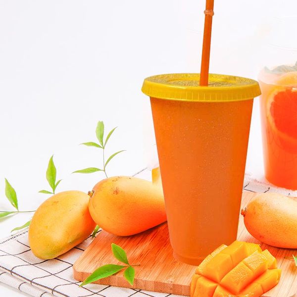 

mugs plastic straw cup single layer temperature sensitive flash powder creative color changing 700ml 5