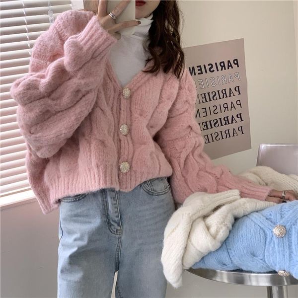

thickened sweater coat women 2021 autumn and winter korean style v-neck loose knitted cardigan women's sweaters, White;black