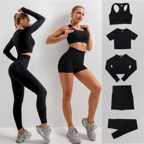 

2/3/5pcs seamless women yoga sportswear gym set workout clothes fitness long sleeve crop high waist leggings sports suit, Black;white