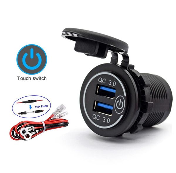 Dual USB Car Charger Tomada de Motocicleta Chargers Quick Chargers QC3.0 Tomada de energia impermeável com interruptor de toque para motos de barco de moto