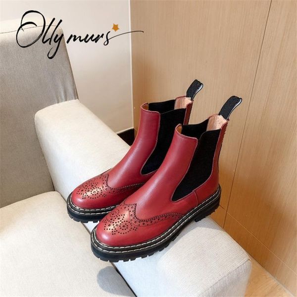 

boots ollymurs fashion black genuineleather women ankle round toe slip on chunky mid heel autumn winter shoes