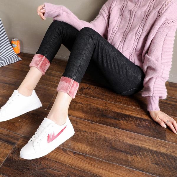 

women's jeans autumn winter thick warm women high waist plus velvet elastic denim pants woman trousers outerwear 2021 pencil, Blue