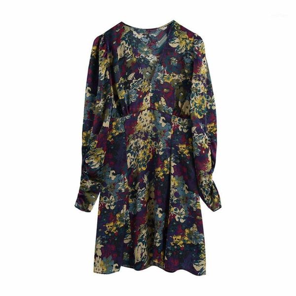 

casual dresses 2021 women dress floral print long sleeve v-neck above knee female fashion clothes, Black;gray