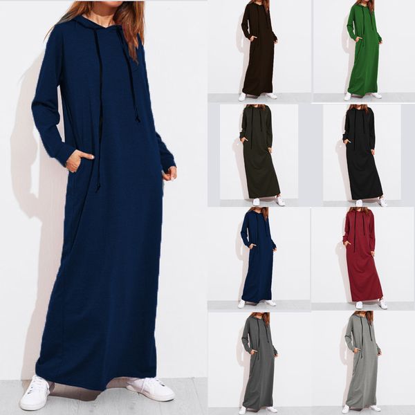 

2021celmia 2021 autumn women vintage hoodies maxi dress casual solid long sleeve pockets hooded dresses long vestidos robe femme 5xl, Black;gray