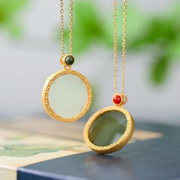 

chains silver inlaid natural hetian biyu round necklace pendant simple light luxury chinese style ladies brand jewelry