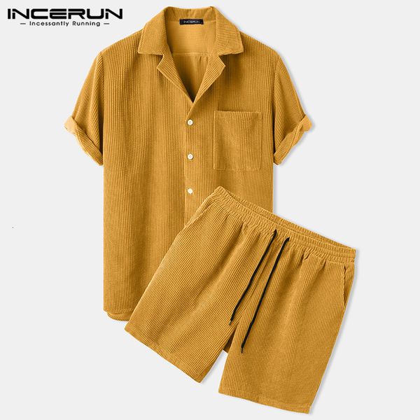 

sets incerun men corduroy effen color short mouwen revers button shirts & shorts chic 2021 streetwear mens casual suits s-5xl, Gray