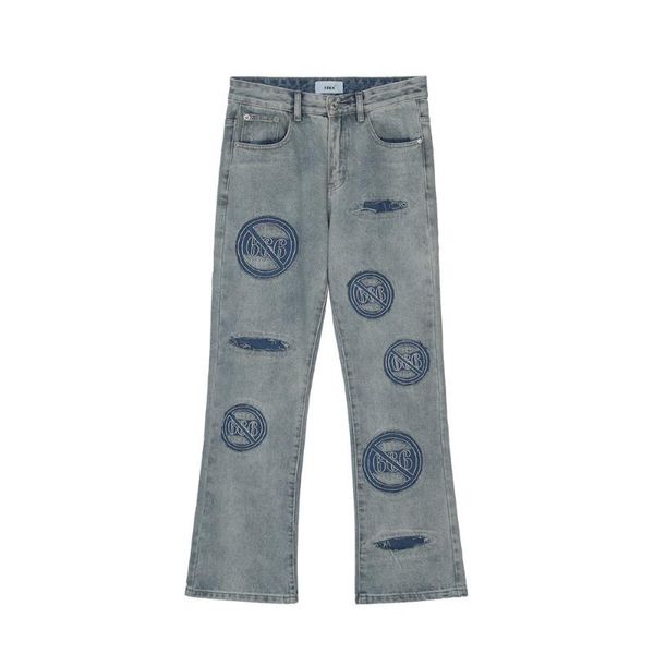 

men's jeans 2021 vouge patch embroidery hole ripped wash men flare pants distressed retro straight baggy denim trousers pantaloni uomo, Blue