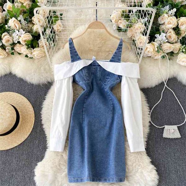 

spring fashion slash neck color stitching retro denim dress women long sleeve clothes harajuku vestidos de mujer q774 210527, Black;gray